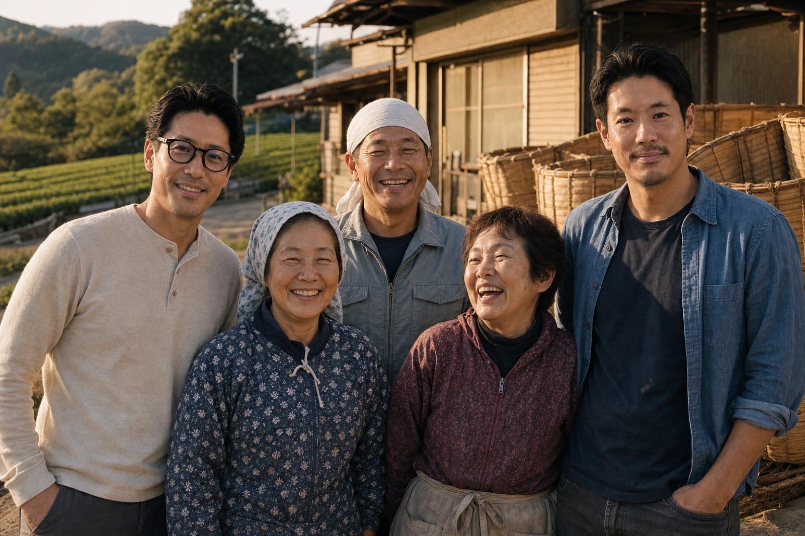 The two MATSU founders with growers at golden hour by the processing shed