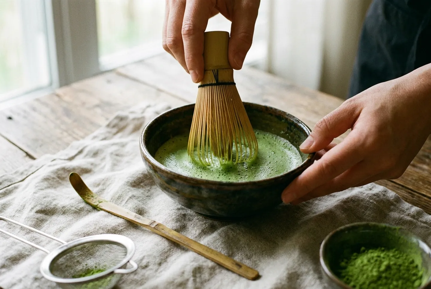 Whisking matcha with a chasen