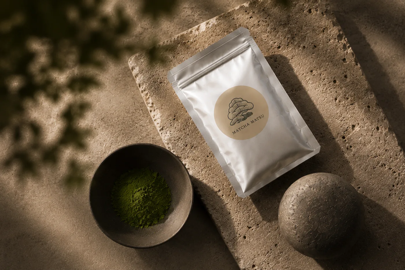 30 g pouch of MATSU matcha with powder in a tea bowl